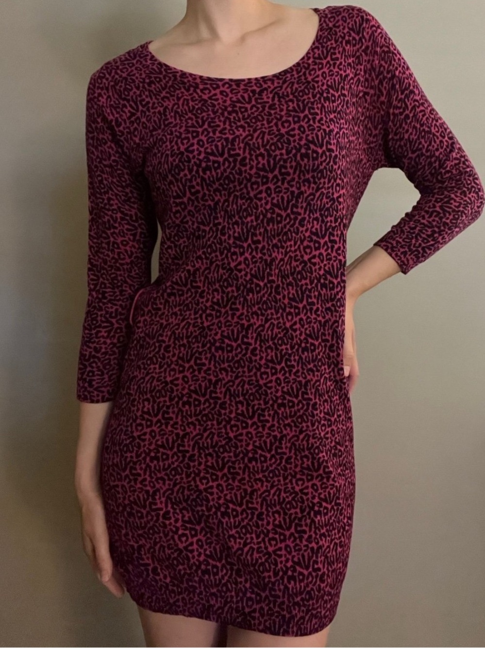 Twenty One Hot Pink and Black Leopard Animal Print Mini Bodycon Dress, M